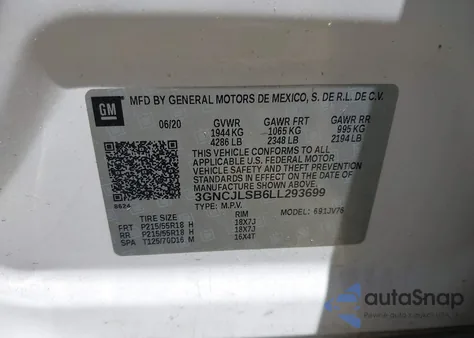 2020 Chevrolet Trax Fwd Lt из США, поврежденный, VIN 3GNCJLSB6LL293699